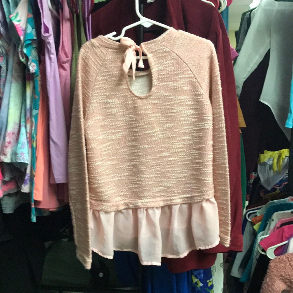 21 inches from back neck to bottom  size 7-8 sweater with lace bottom